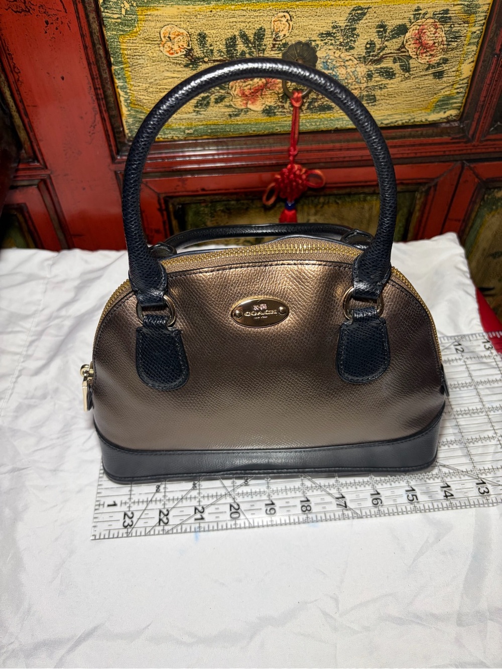 Coach Metallic Bronze Satchel with Black Trim